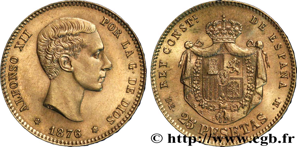 SPANIEN 25 Pesetas Alphonse XII roi d’Espagne / manteau d’armes couronné refrappe de 1962 1876 Madrid VZ 