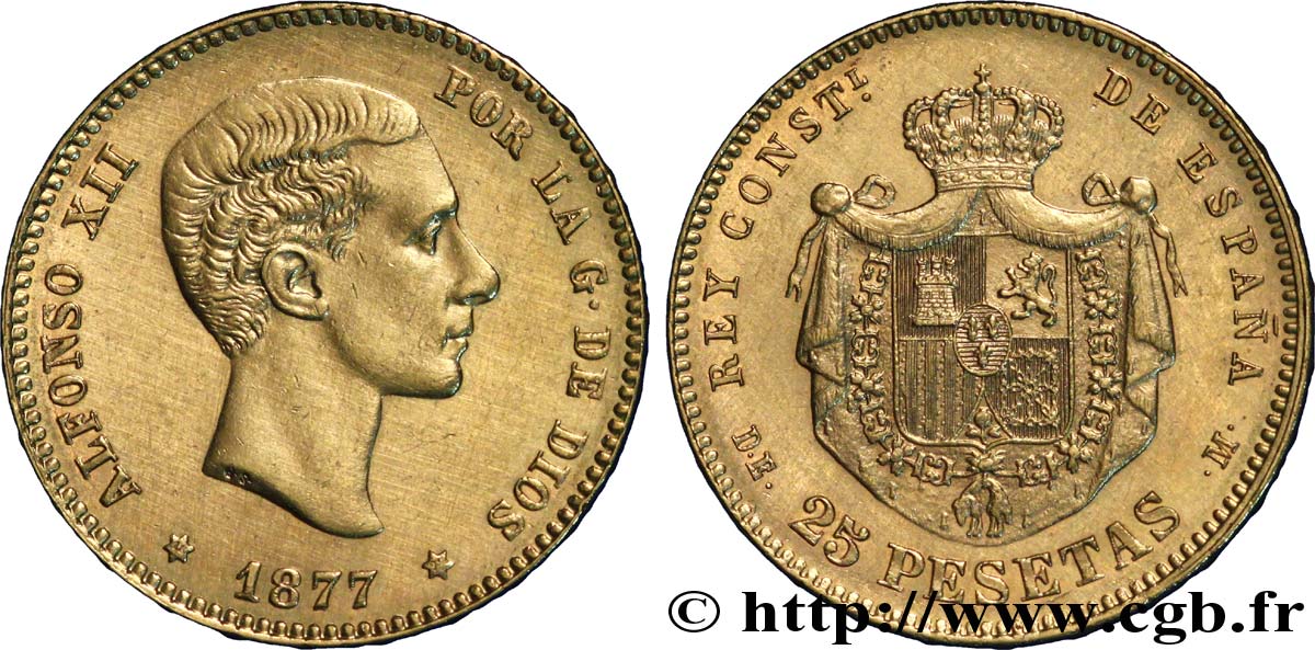 SPAGNA 25 Pesetas Alphonse XII roi d’Espagne / manteau d’armes couronné 1877 Madrid SPL 