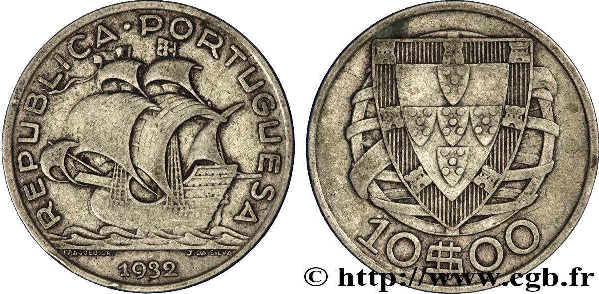 PORTUGAL 10 Escudos  voilier / armes sur globe 1932  TTB 
