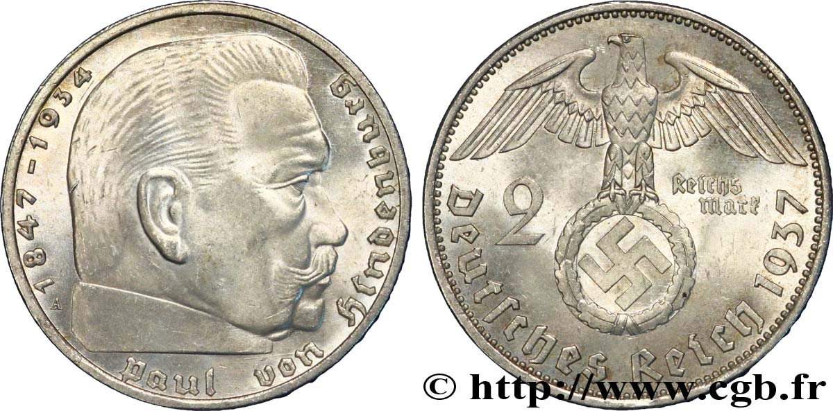 GERMANIA 2 Reichsmark Maréchal Paul von Hindenburg 1937 Berlin MS 