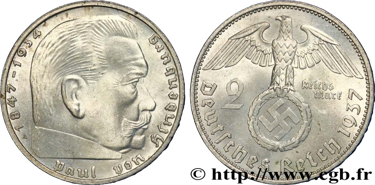 DEUTSCHLAND 2 Reichsmark Maréchal Paul von Hindenburg 1937 Berlin VZ 