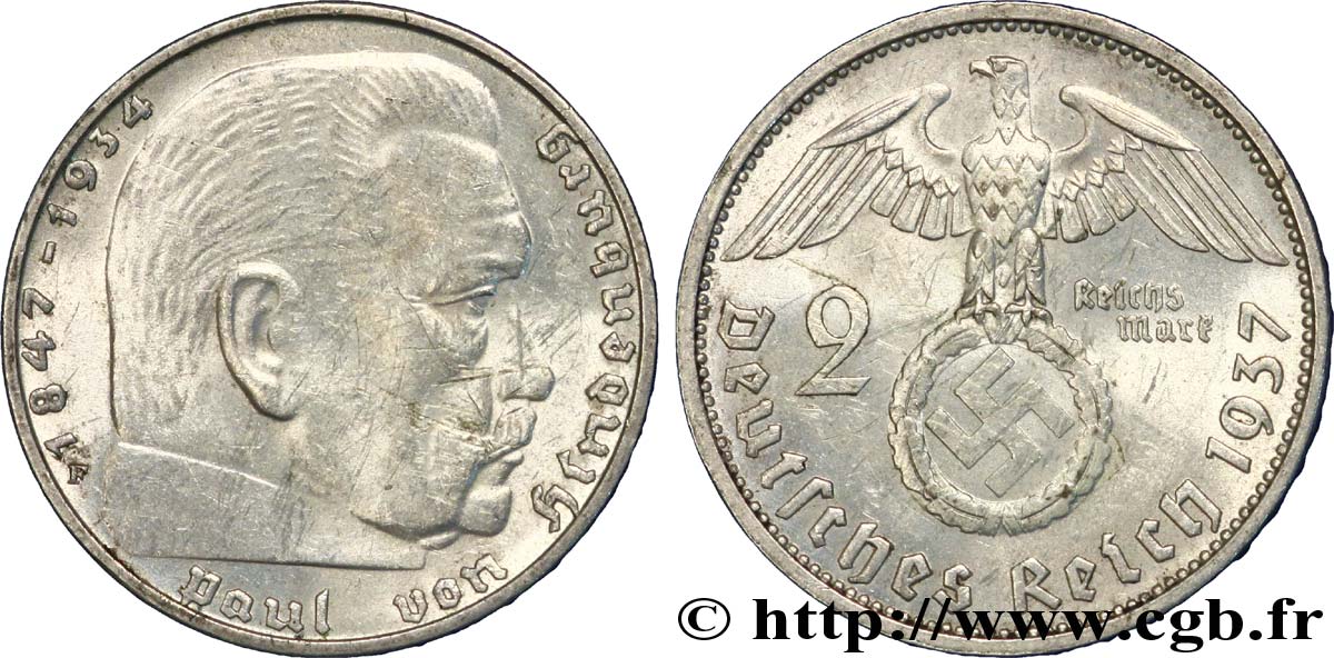 GERMANY 2 Reichsmark Maréchal Paul von Hindenburg 1937 Berlin AU 