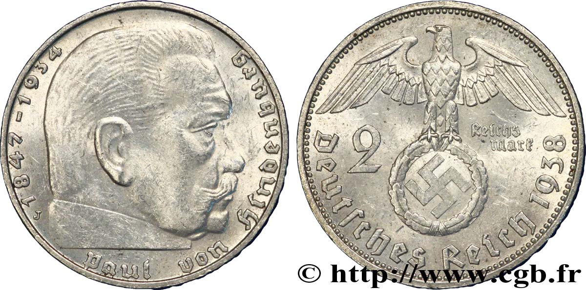 DEUTSCHLAND 2 Reichsmark aigle surmontant une swastika / Maréchal Paul von Hindenburg 1938 Hambourg - J VZ 