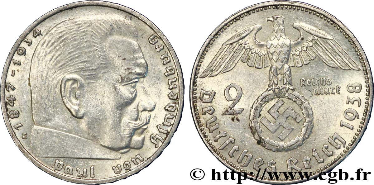 DEUTSCHLAND 2 Reichsmark aigle surmontant une swastika / Maréchal Paul von Hindenburg 1938 Muldenhütten - E VZ 