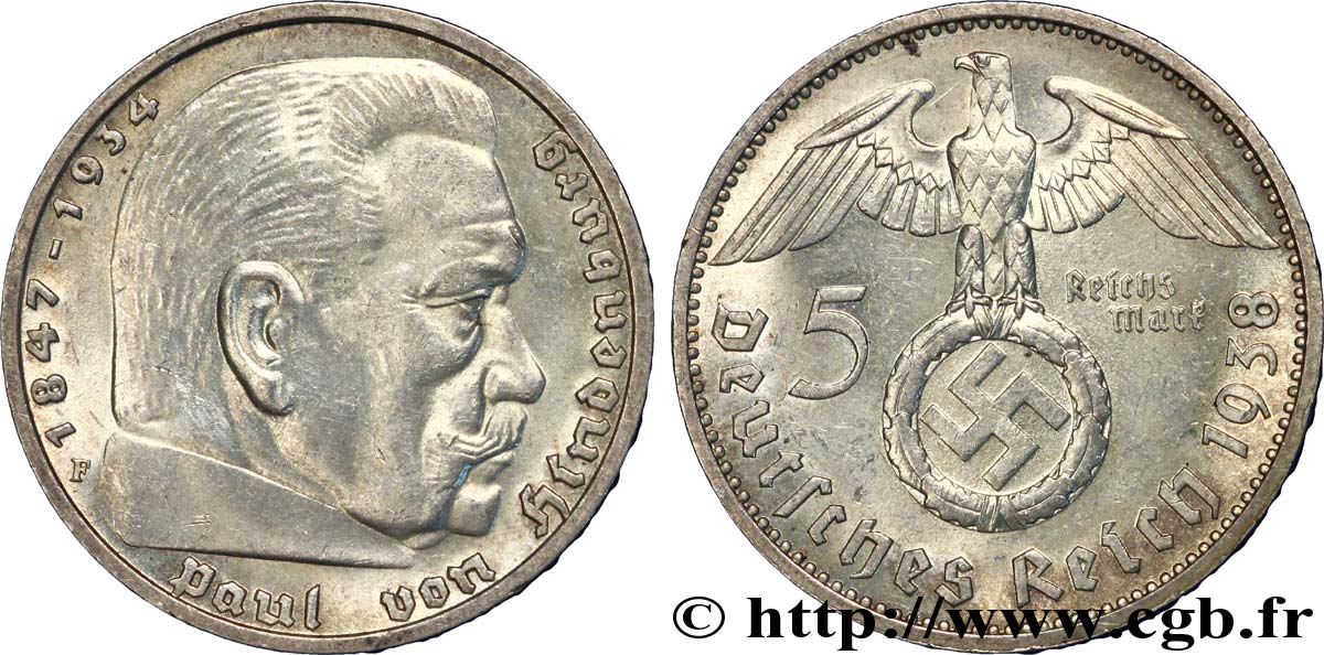 DEUTSCHLAND 5 Reichsmark aigle surmontant une swastika / Maréchal Paul von Hindenburg 1938 Stuttgart - F VZ 