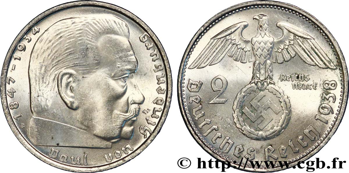 GERMANIA 2 Reichsmark Maréchal Paul von Hindenburg 1938 Vienne - B SPL 