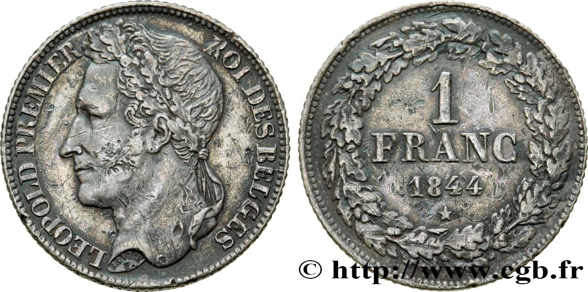 BELGIQUE 1 Franc Léopold Ier tête laurée 1844 Bruxelles TTB 