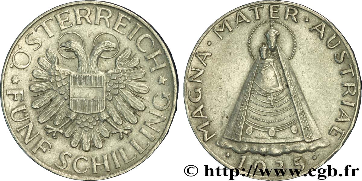 AUSTRIA 5 Schilling Madone de Mariazell / aigle bicéphale 1935  MBC+ 