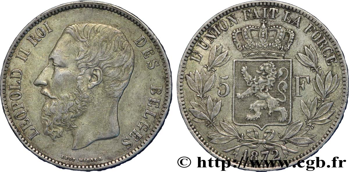 BELGIEN 5 Francs Léopold II 1872  SS 