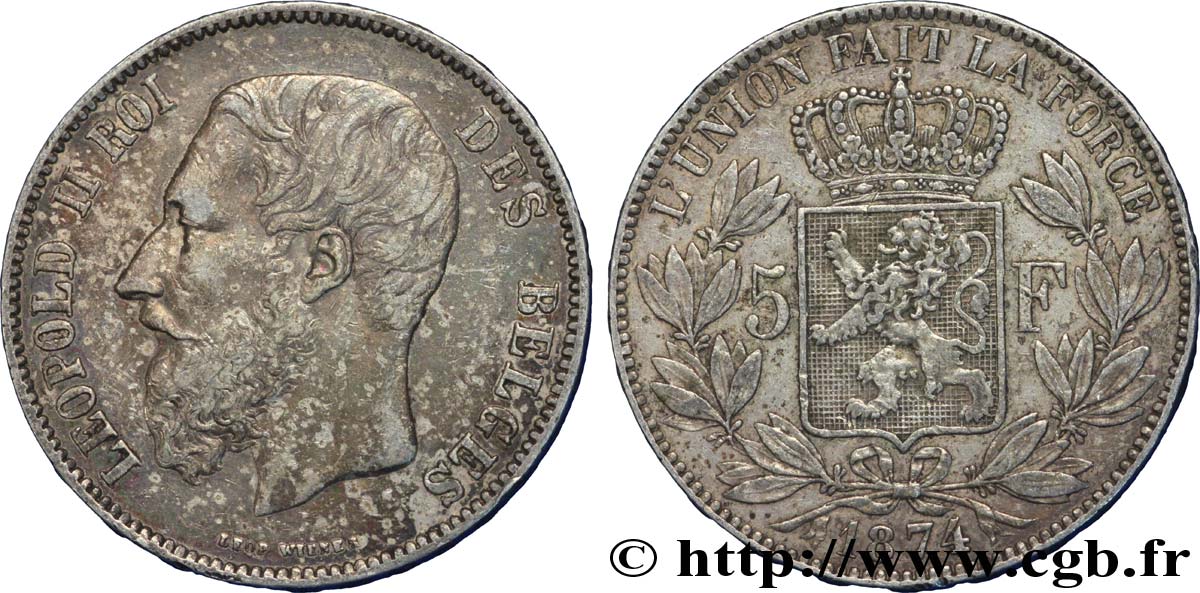 BELGIUM 5 Francs Léopold II 1874  AU 