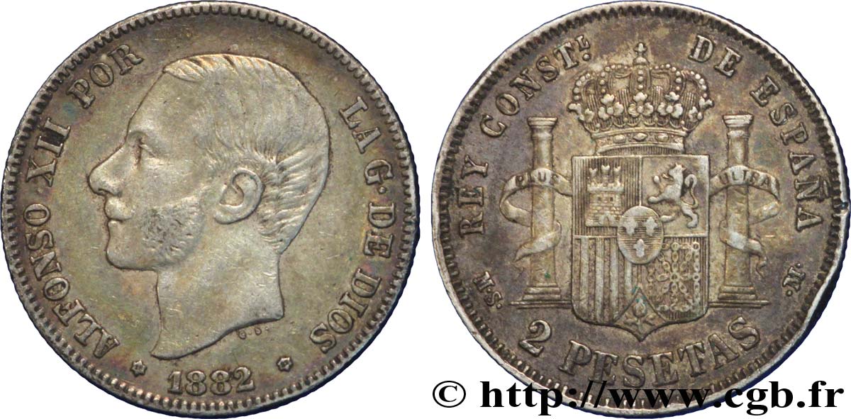 SPANIEN 2 Pesetas Alphonse XII / emblème couronné (1882) 1882  fVZ 