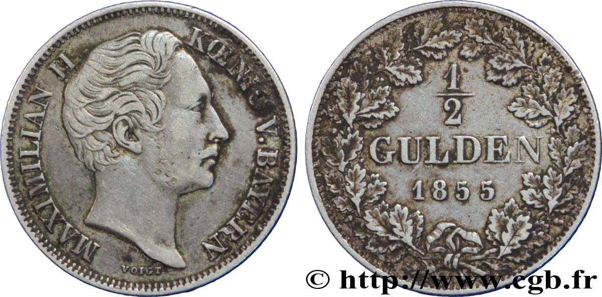 GERMANY - BAVARIA 1/2 Gulden Maximilien II 1855 Munich XF 