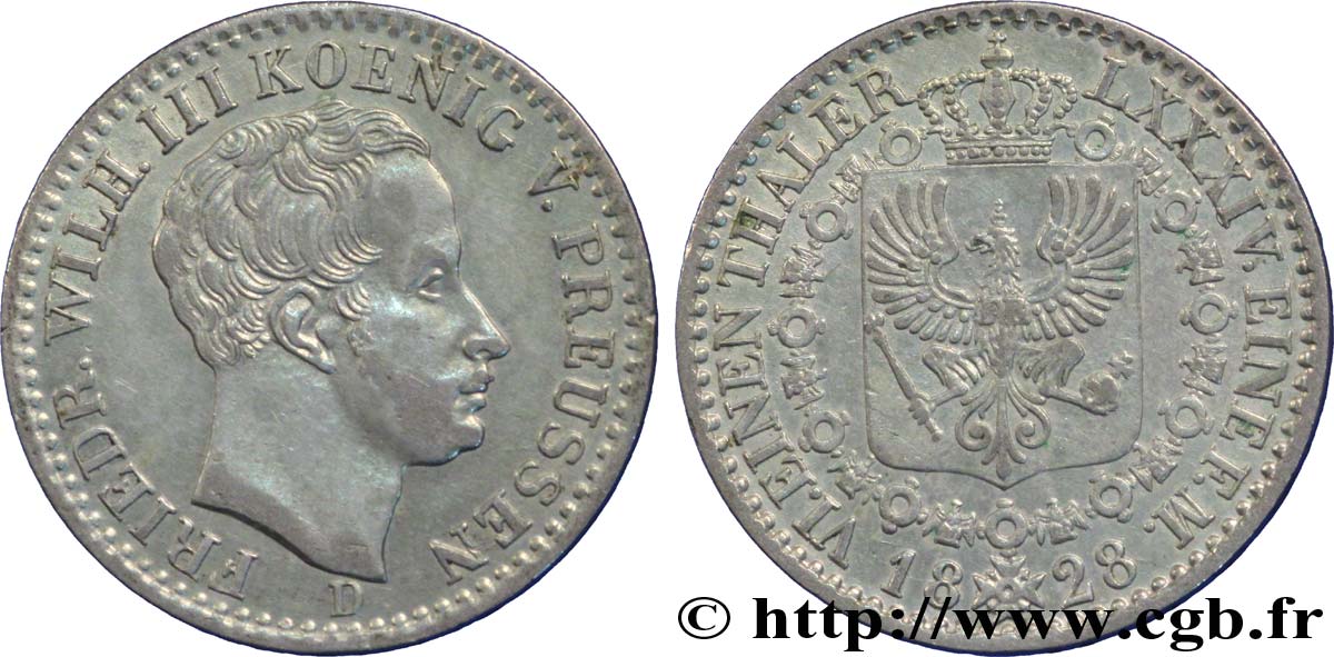 ALEMANIA - PRUSIA 1/6 Thaler Frédéric-Guillaume III roi de Prusse 1828 Düsseldorf - D EBC 