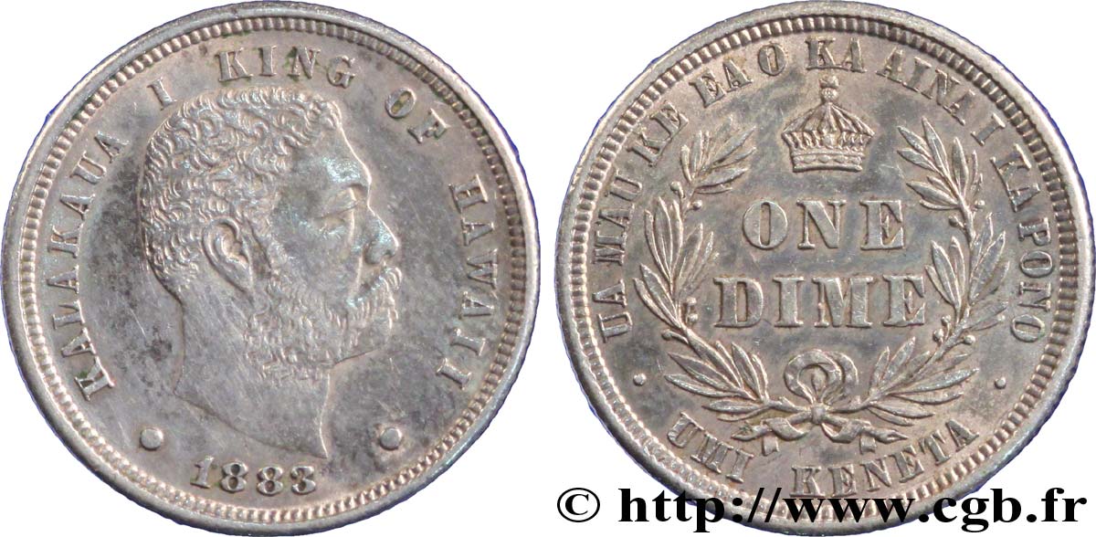 HAWAII One Dime (10 Cents) roi Kalakaua Ier 1883  AU 