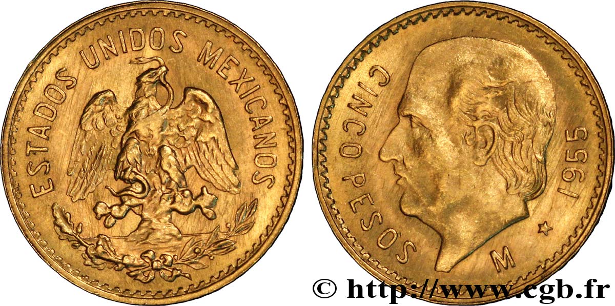 MEXIKO 5 Pesos or Aigle du Mexique / Miguel Hidalgo 1945 Mexico VZ 