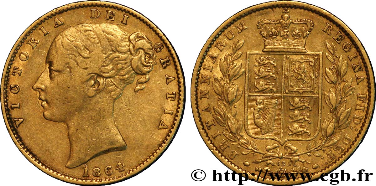 REINO UNIDO 1 Souverain Victoria buste jeune / blason variété avec numéro de coin, coin n°62 1864 Londres BC+ 