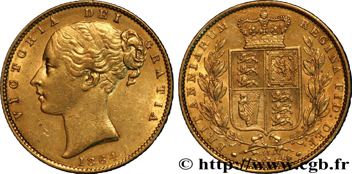UNITED KINGDOM 1 Souverain Victoria buste jeune / blason variété avec numéro de coin, coin n°62 1864 Londres XF 
