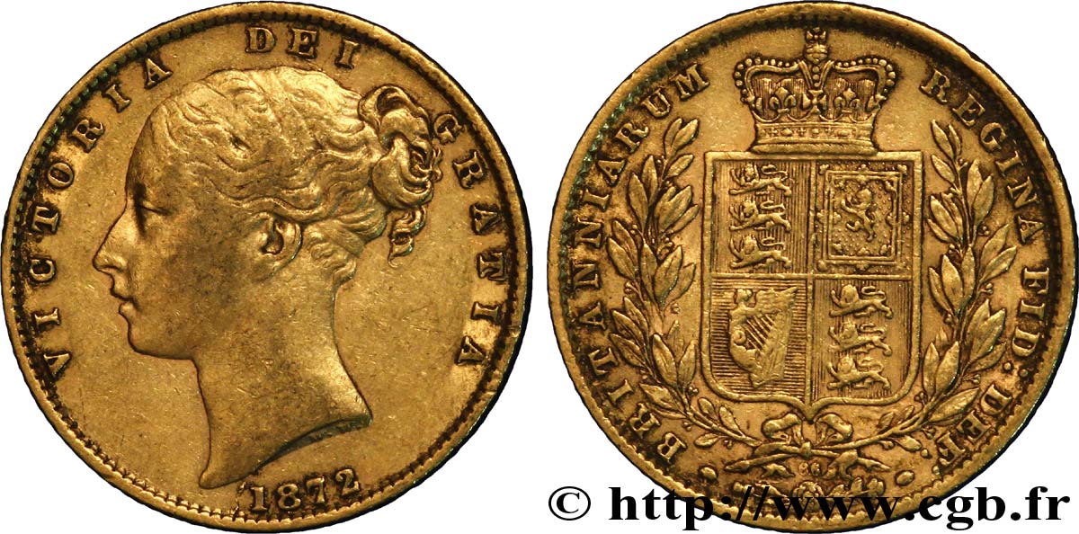 UNITED KINGDOM 1 Souverain Victoria buste jeune / blason variété avec numéro de coin, coin n°66 1872 Londres VF 