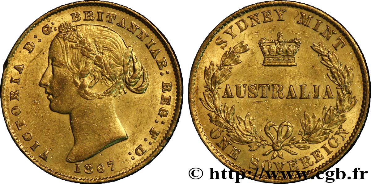 AUSTRALIEN 1 Souverain OR reine Victoria / couronne entre deux branches d’olivier 1867 Sydney VZ 