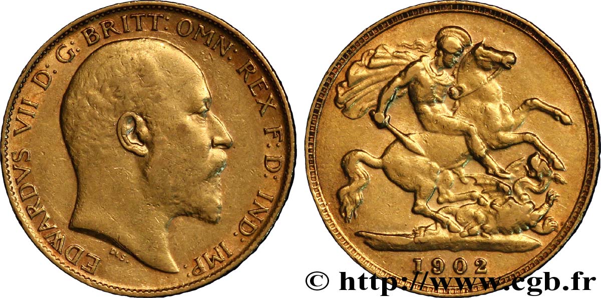 UNITED KINGDOM 1/2 Souverain Edouard VII / St Georges terrassant le dragon 1902 Londres XF 