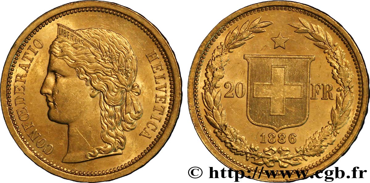 SUIZA 20 Francs or buste diadémé d Helvetia / croix suisse 1886 Berne - B EBC 