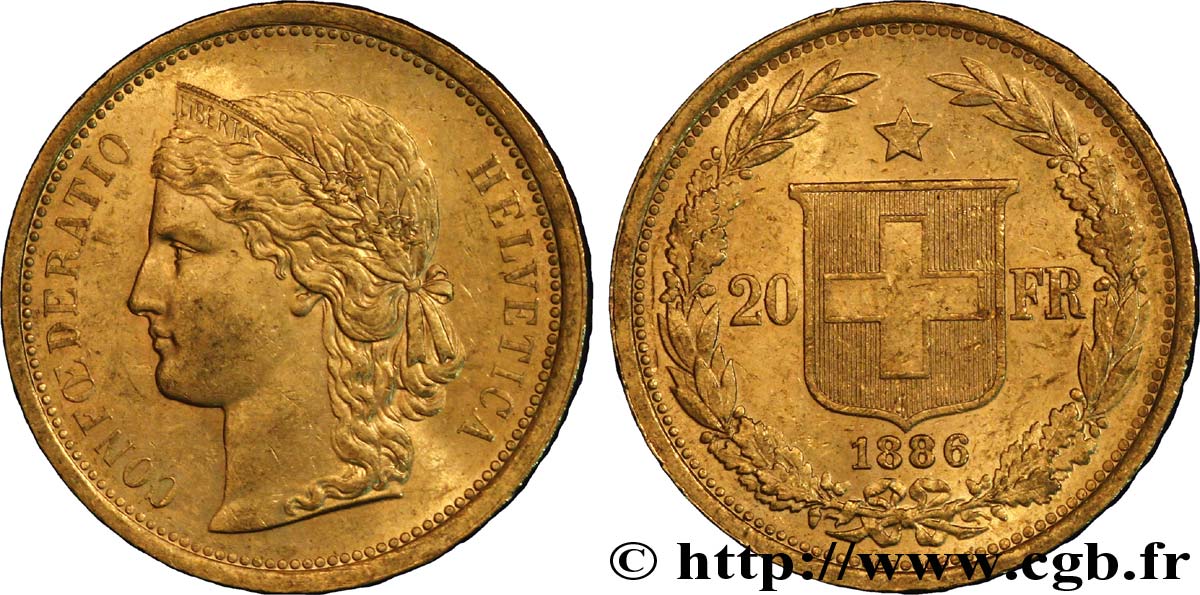 SCHWEIZ 20 Francs or buste diadémé d Helvetia / croix suisse 1886 Berne - B SS 