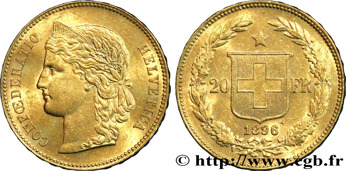 SCHWEIZ 20 Francs or Helvetia 1896 Berne VZ 