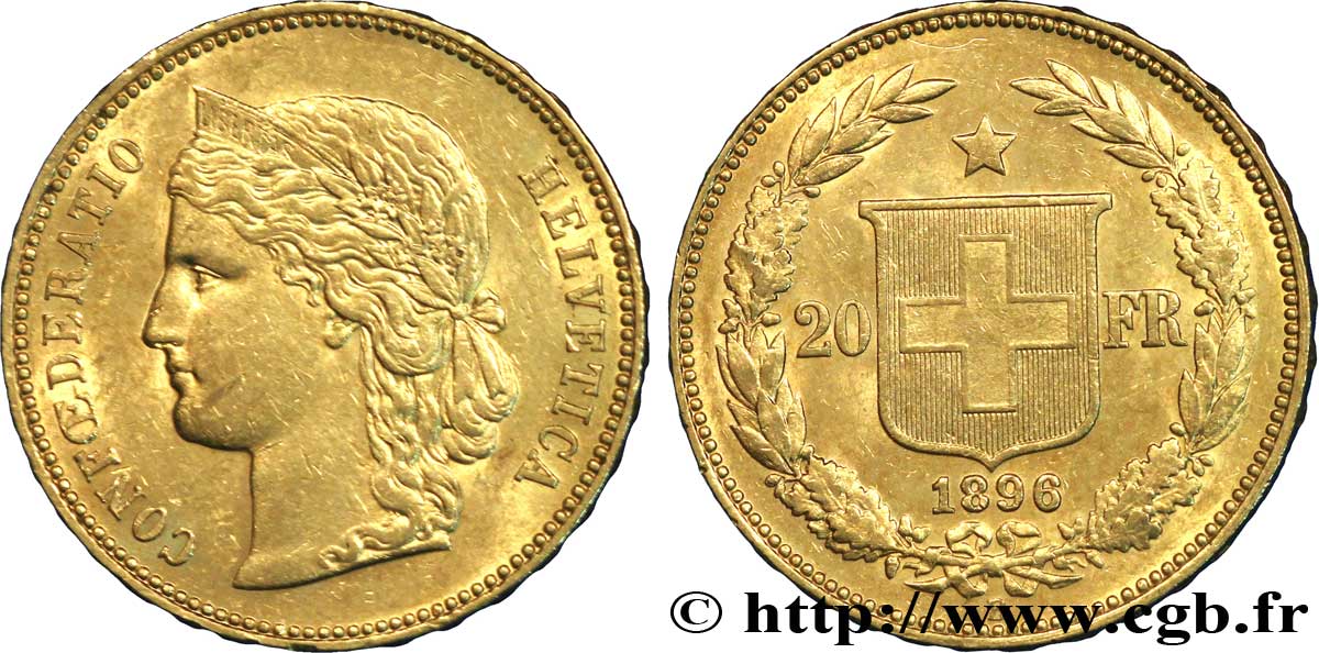 SVIZZERA  20 Francs or Helvetia 1896 Berne q.SPL 
