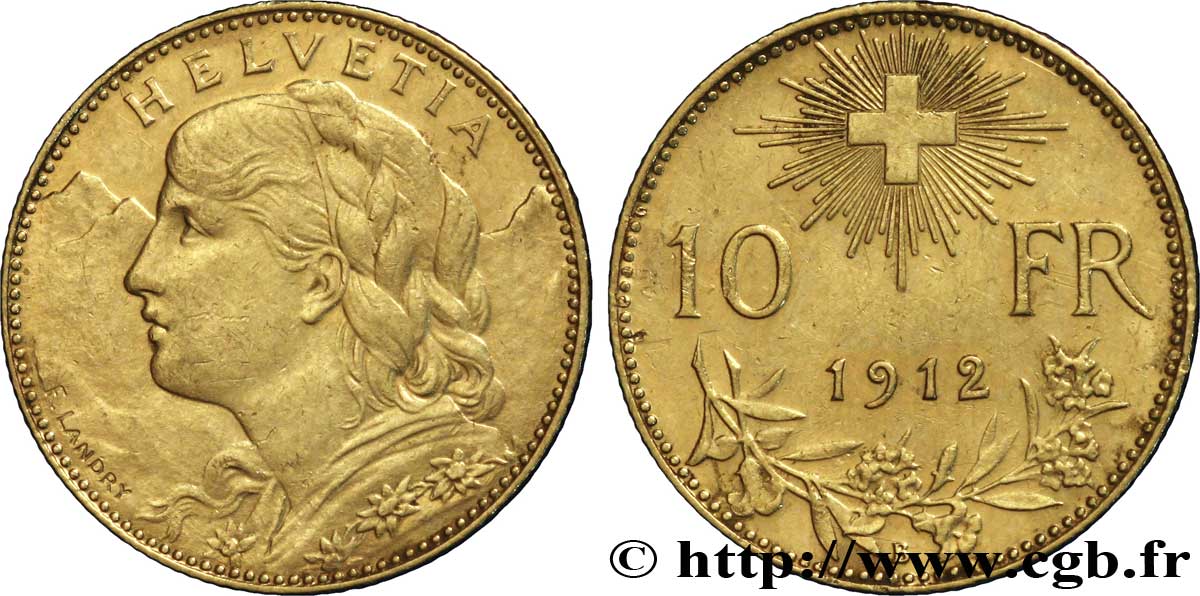 SWITZERLAND 10 Francs or  Vreneli  Buste diadémé d Helvetia / Croix suisse 1912 Berne - B AU 
