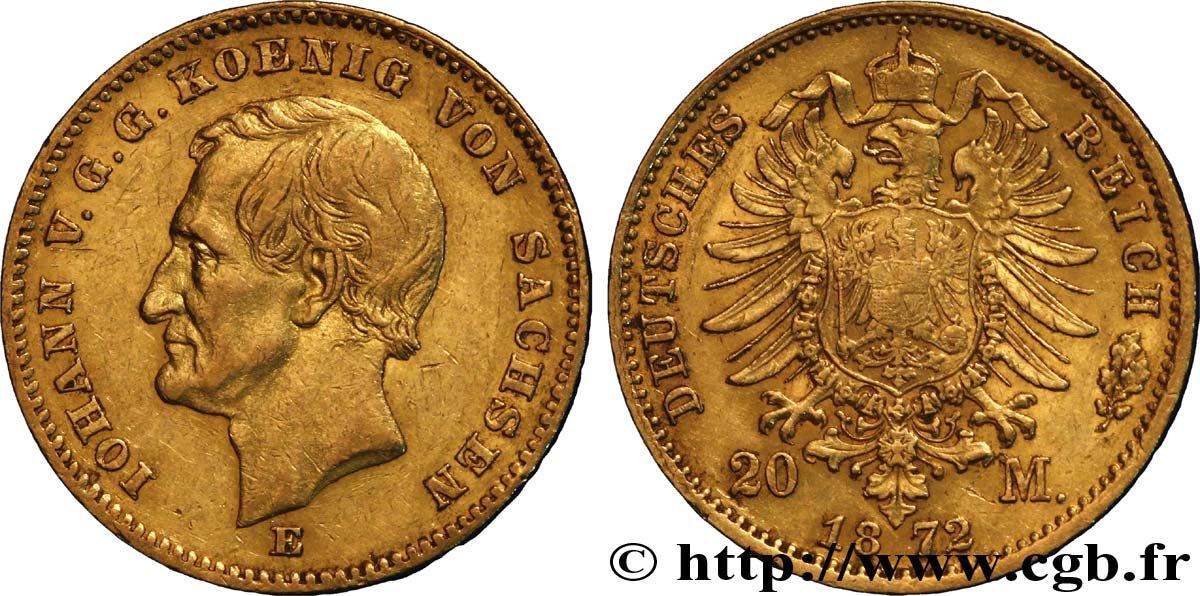DEUTSCHLAND - SACHSEN 20 Mark Royaume de Saxe : Jean, roi de Saxe / aigle impérial 1872 Dresde - E fVZ 
