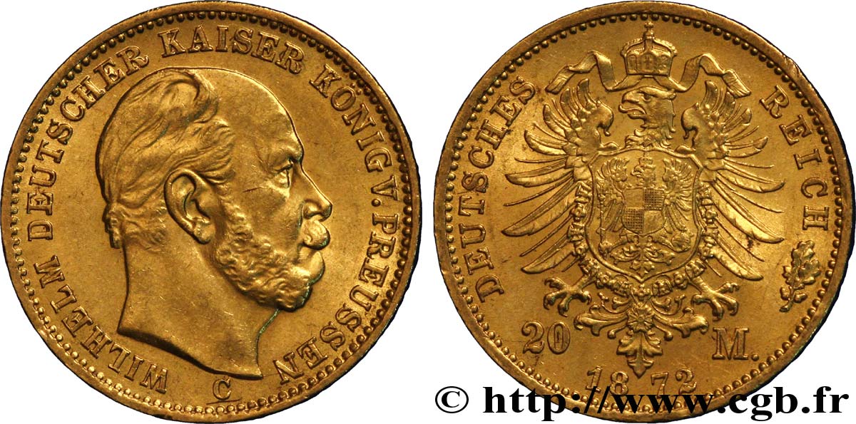 ALEMANIA - PRUSIA 20 Mark royaume de Prusse Guillaume Ier, 1e type / aigle héraldique 1872 Francfort - C EBC 