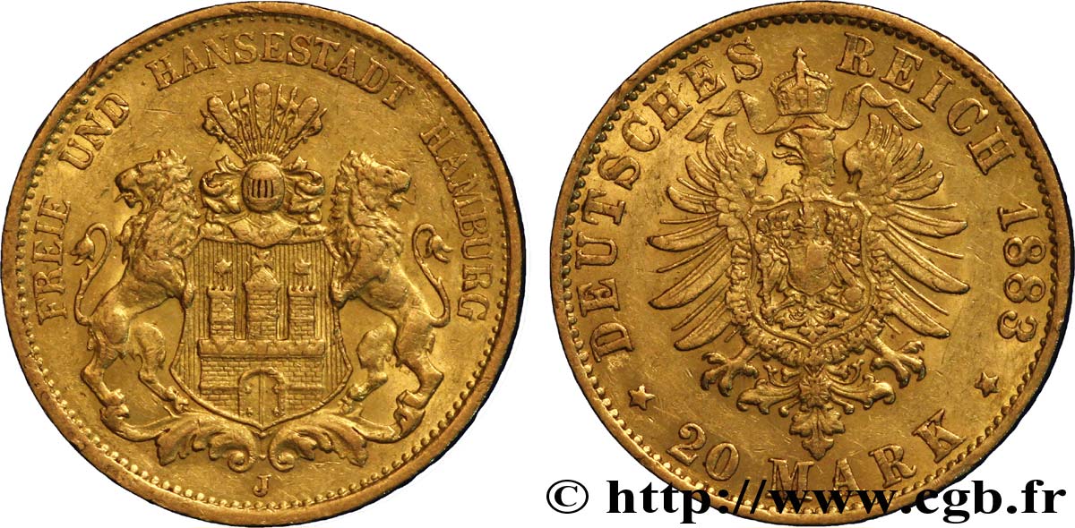 GERMANY - FREE CITY OF HAMBURG 20 Mark or Ville libre et hanséatique d Hambourg : armes de la ville / aigle impérial 1883 Hambourg - J AU 