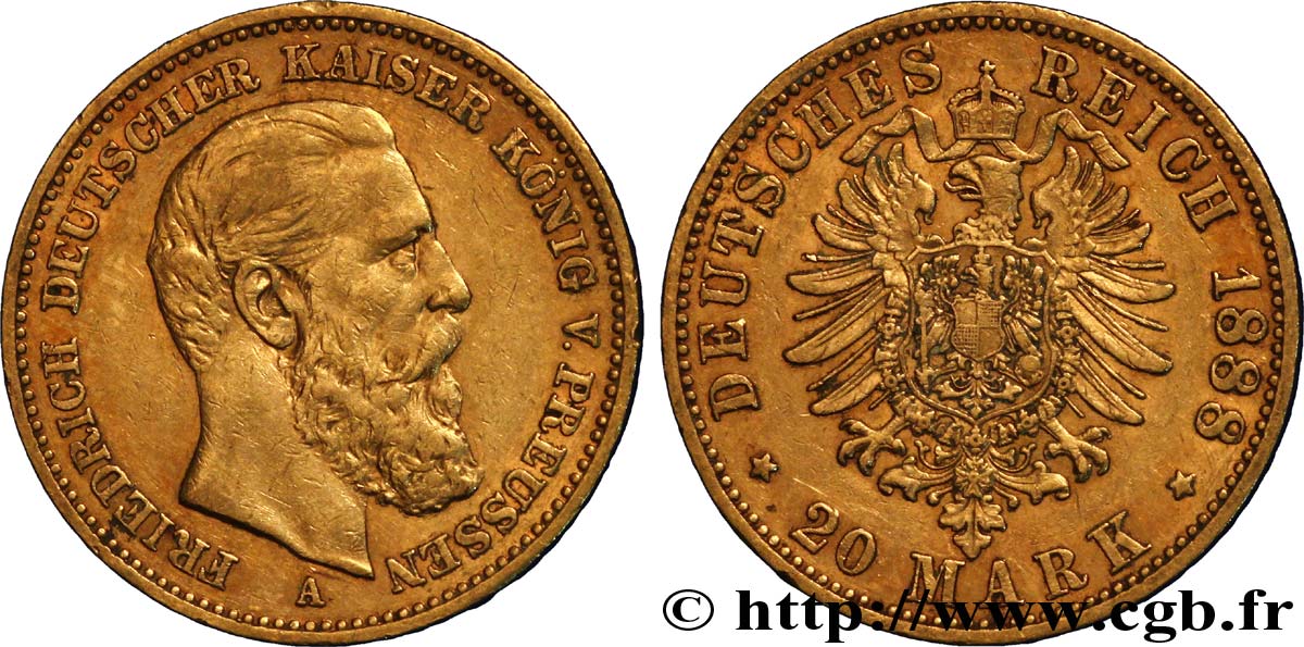 ALEMANIA - PRUSIA 20 Mark Frédéric III 1888 Berlin MBC+ 