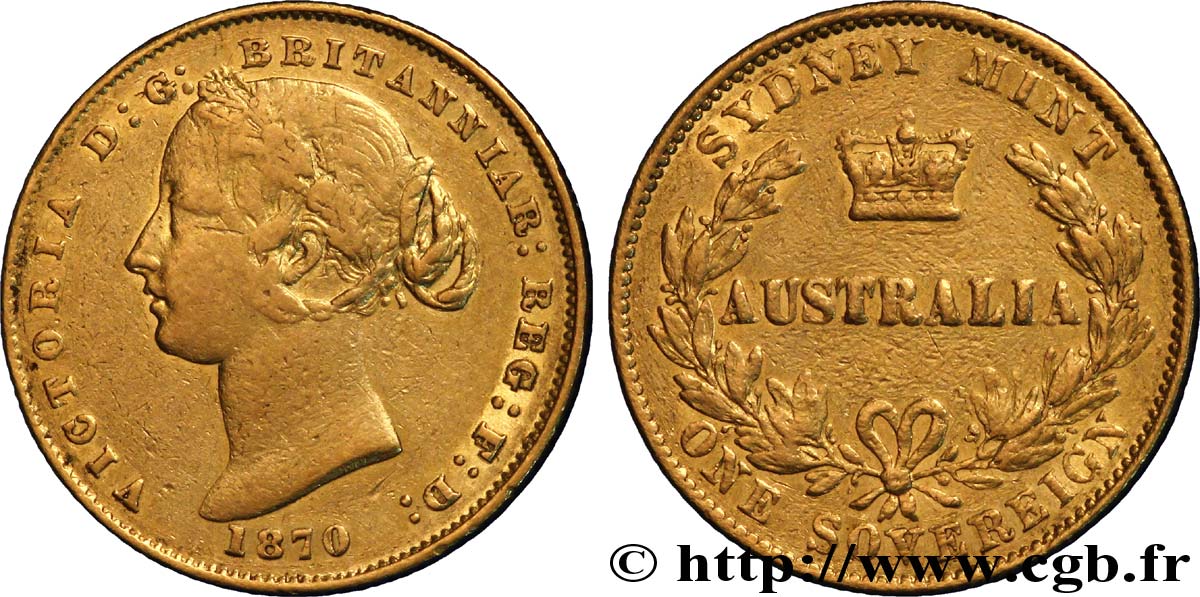 AUSTRALIEN 1 Souverain OR reine Victoria / couronne entre deux branches d’olivier 1870 Sydney S 