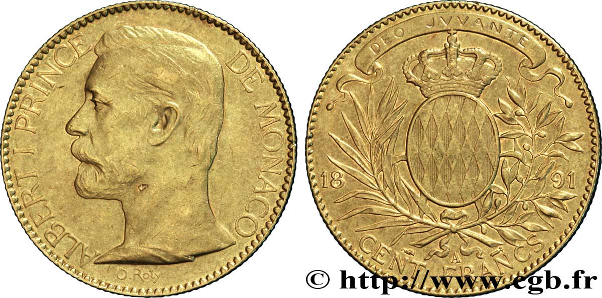 MONACO 100 Francs or Albert Ier / écu couronné 1891 Paris SS 