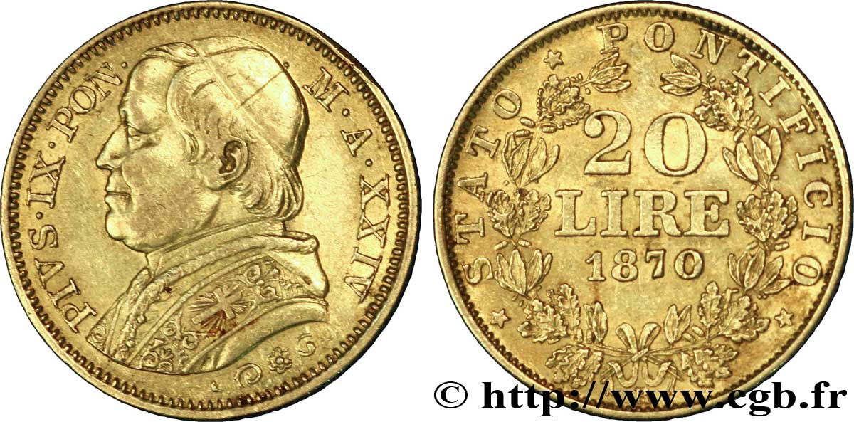 VATICAN AND PAPAL STATES 20 Lire Pie IX an XXIV 1870 Rome AU 