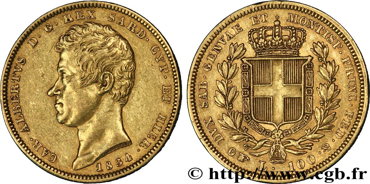 ITALIA - REGNO DE SARDINIA 100 Lire Charles-Albert roi de Sardaigne / armes de Savoie couronnées 1834 Turin q.SPL 