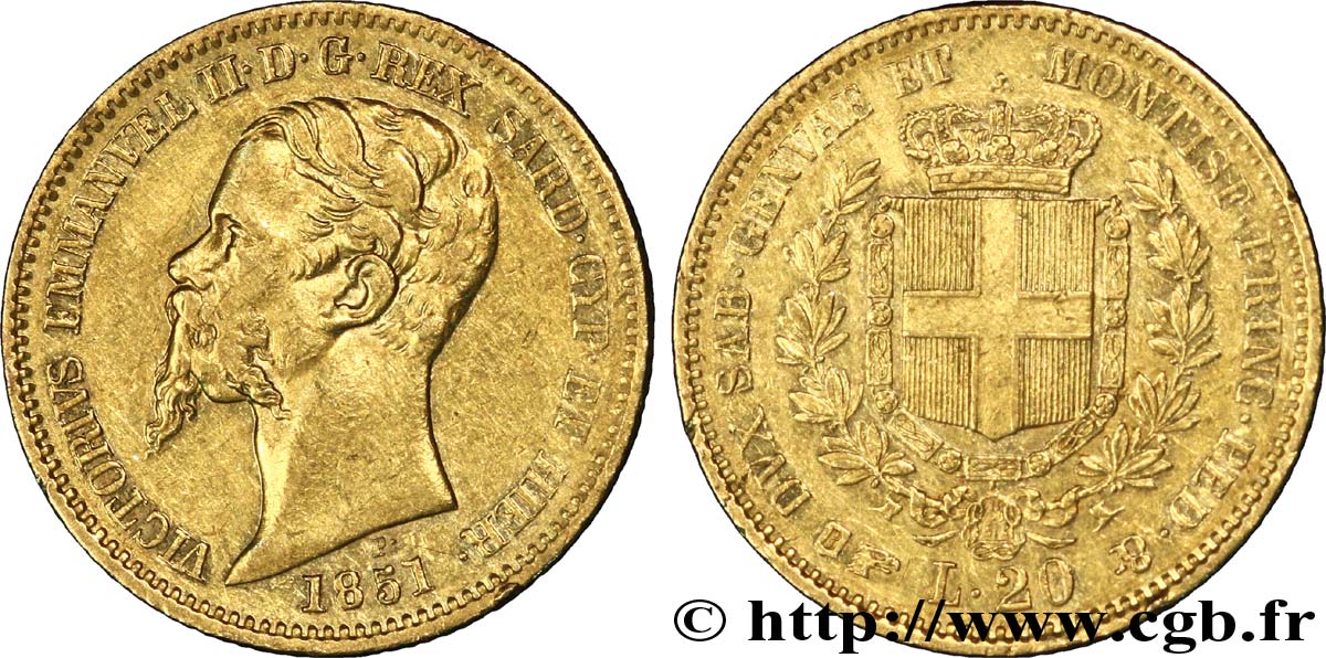 ITALY - KINGDOM OF SARDINIA 20 Lire or Victor Emmanuel II / emblème 1851 Turin XF 