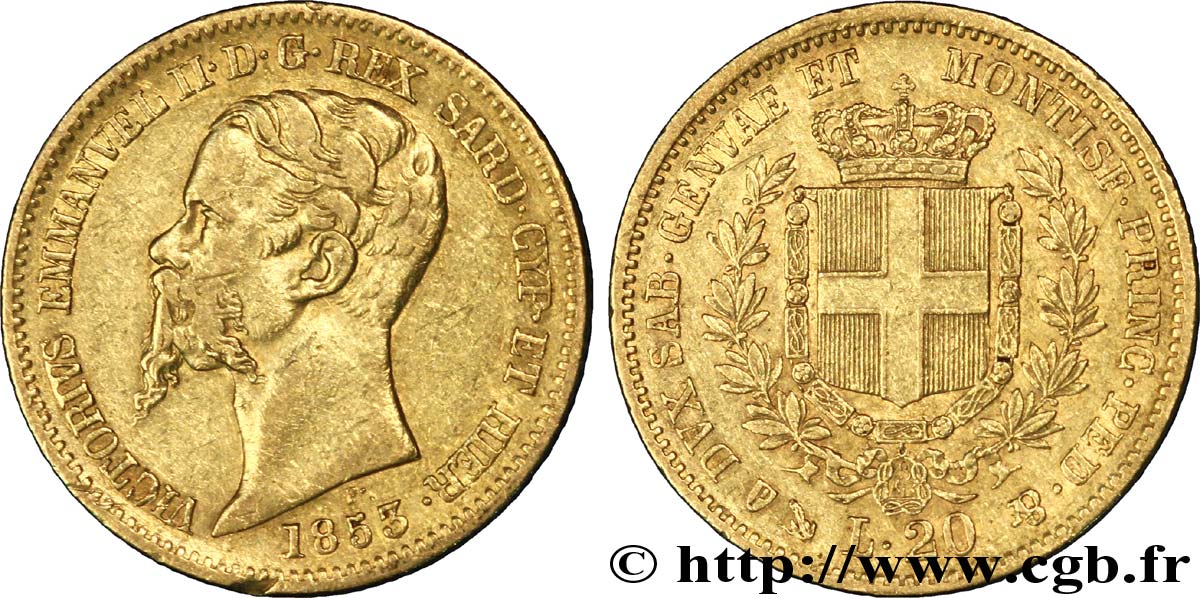 ITALY - KINGDOM OF SARDINIA 20 Lire or Victor Emmanuel II / emblème 1853 Gênes XF 