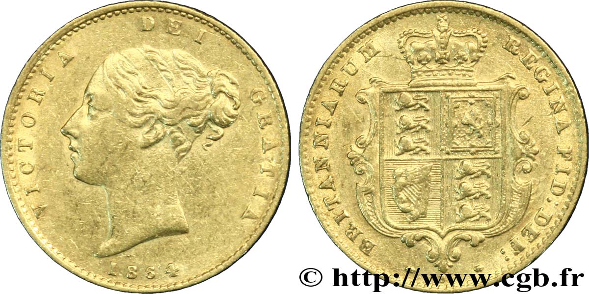 UNITED KINGDOM 1/2 Souverain Victoria buste jeune / blason avec coin numéroté : coin n°31 1864 Londres AU 