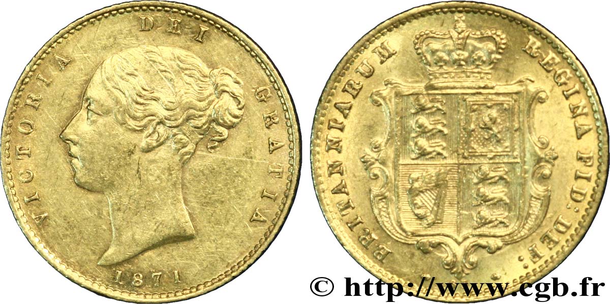 UNITED KINGDOM 1/2 Souverain Victoria buste jeune / blason type avec coin numéroté : coin n°62 1871 Londres XF 