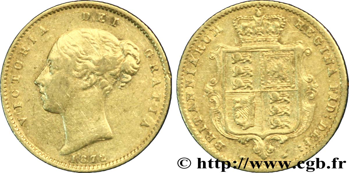 UNITED KINGDOM 1/2 Souverain Victoria buste jeune / blason type avec coin numéroté : coin n°62 1872 Londres XF 