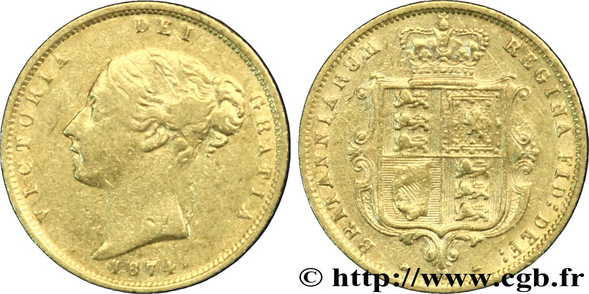 REINO UNIDO 1/2 Souverain Victoria buste jeune / blason type avec coin numéroté : coin n°62 1874 Londres BC+ 