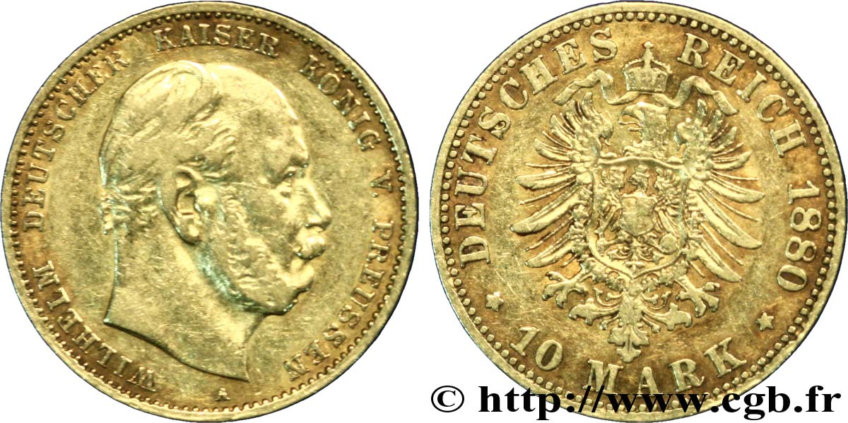 GERMANY - PRUSSIA 10 Mark Guillaume empereur d Allemagne, roi de Prusse, 2e type 1880 Berlin VF 