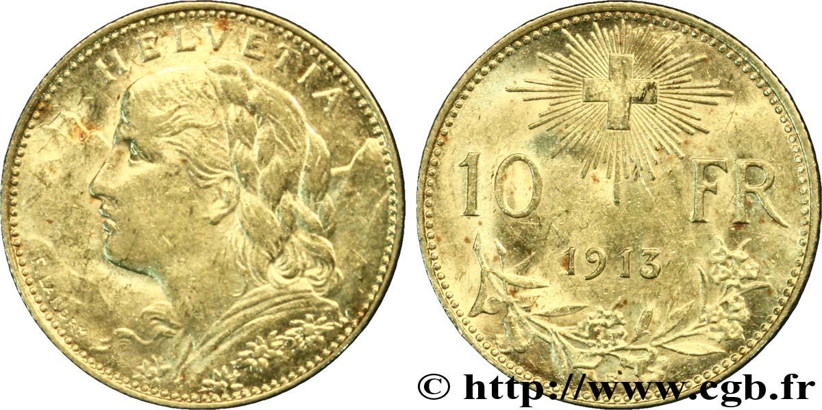 SCHWEIZ 10 Francs or  Vreneli  Buste diadémé d Helvetia / Croix suisse 1913 Berne - B VZ 