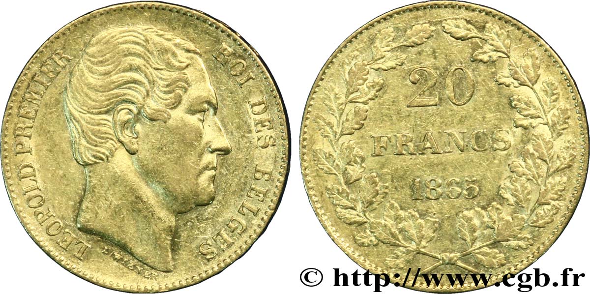 BÉLGICA 20 Francs Léopold Ier 1865 Bruxelles MBC+ 