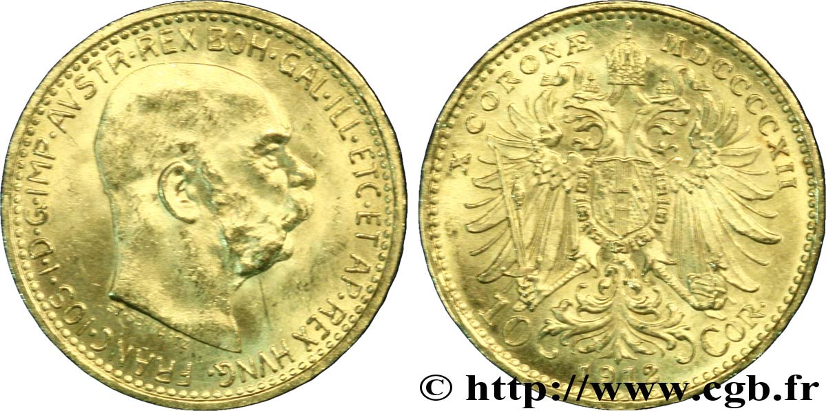 AUSTRIA 10 Corona or François Joseph Ier, 3e type / Aigle bicéphale couronné 1912 Vienne EBC 