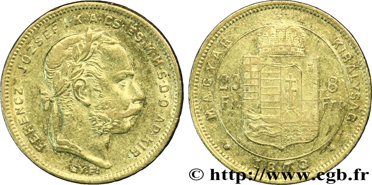 HUNGARY 20 Francs or ou 8 Forint, 1er type François-Joseph Ier d’Autriche 1870 Gyulafehervar XF 