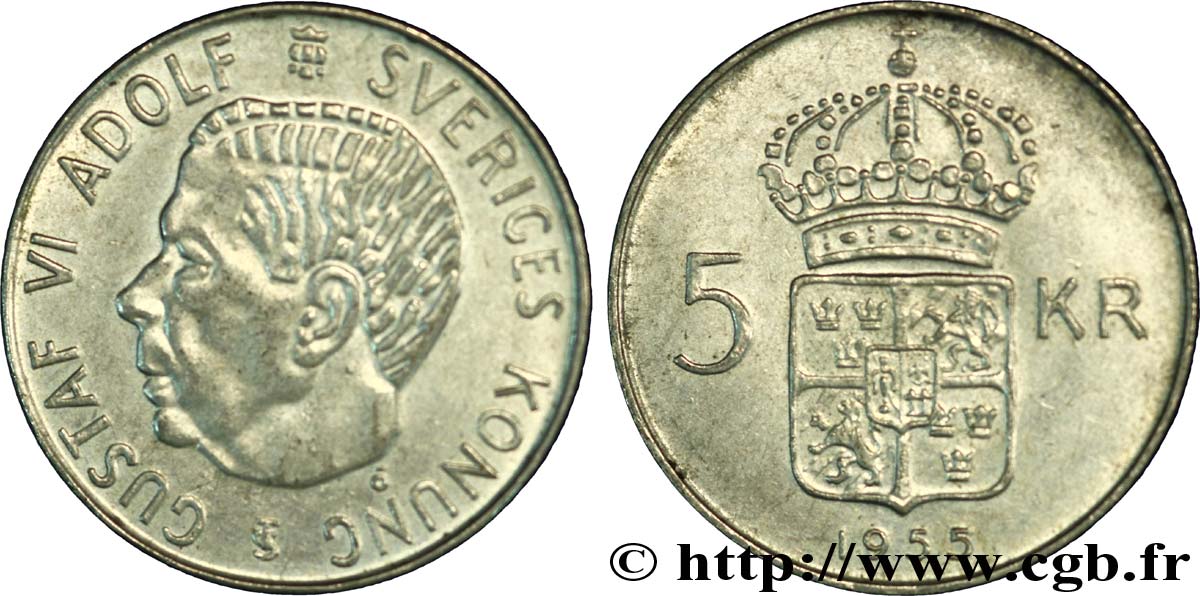SWEDEN 5 Kronor Gustave VI 1955  AU 