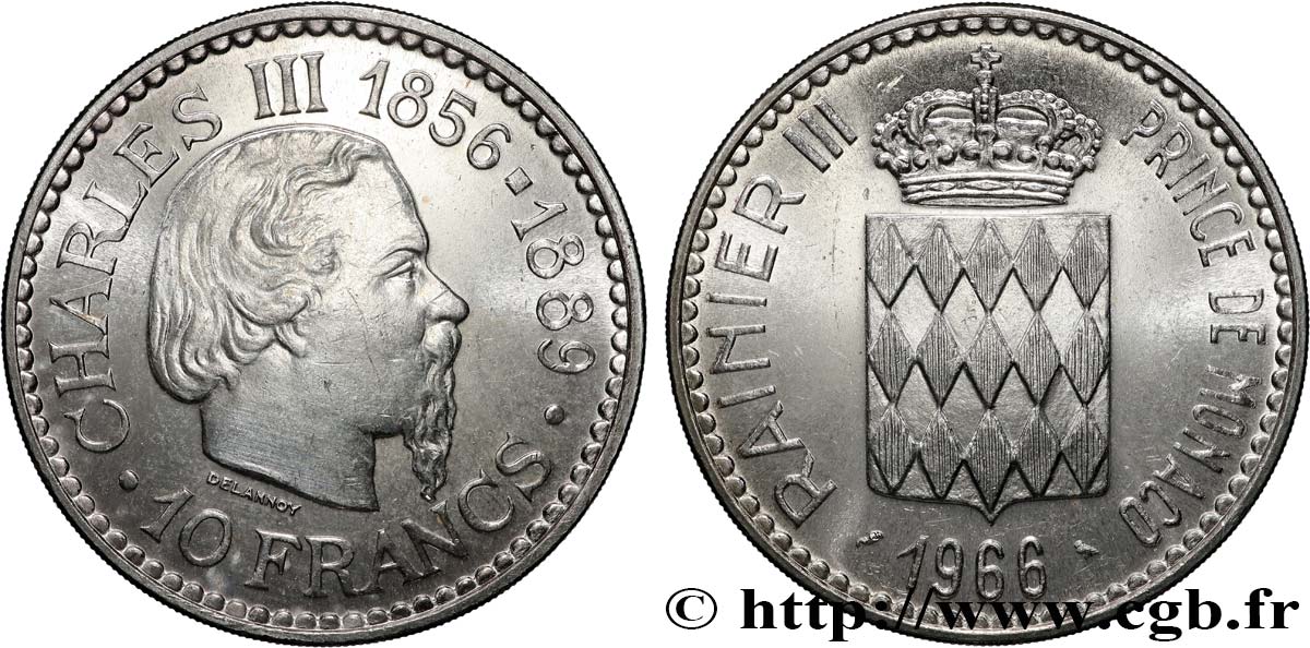 MONACO 10 Francs Charles III / écu couronné 1966 Paris EBC+ 